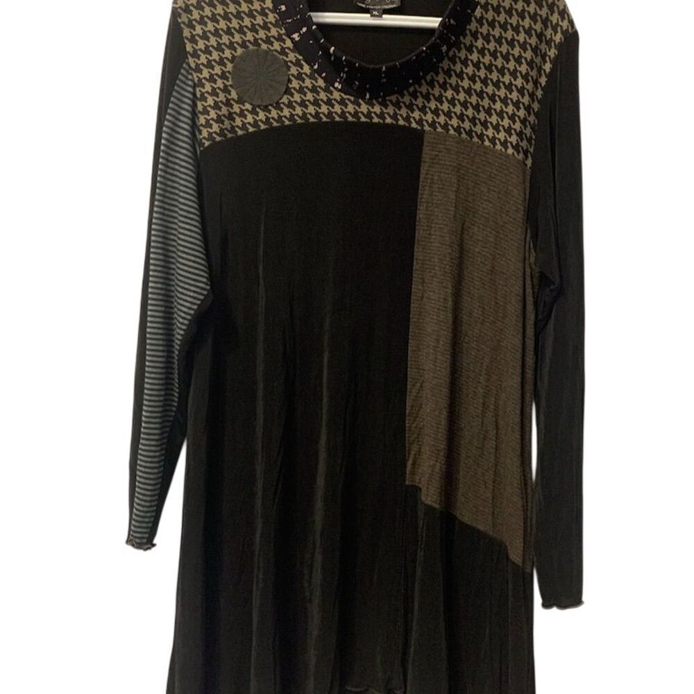 Herzenberg Women's XL Black Houndstooth Tunic Top Hand‎ Painted
